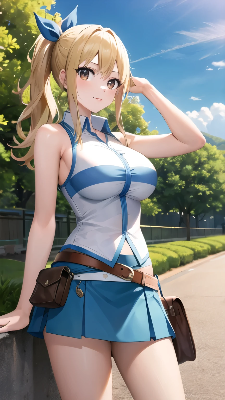 masterpiece, best quality, highres, lucy heartfilia, 1girl, solo, blonde hair, brown eyes, long hair, hair ribbon, large breasts, white shirt, sleeveless, belt, blue skirt, cowboy shot, standing, outdoors