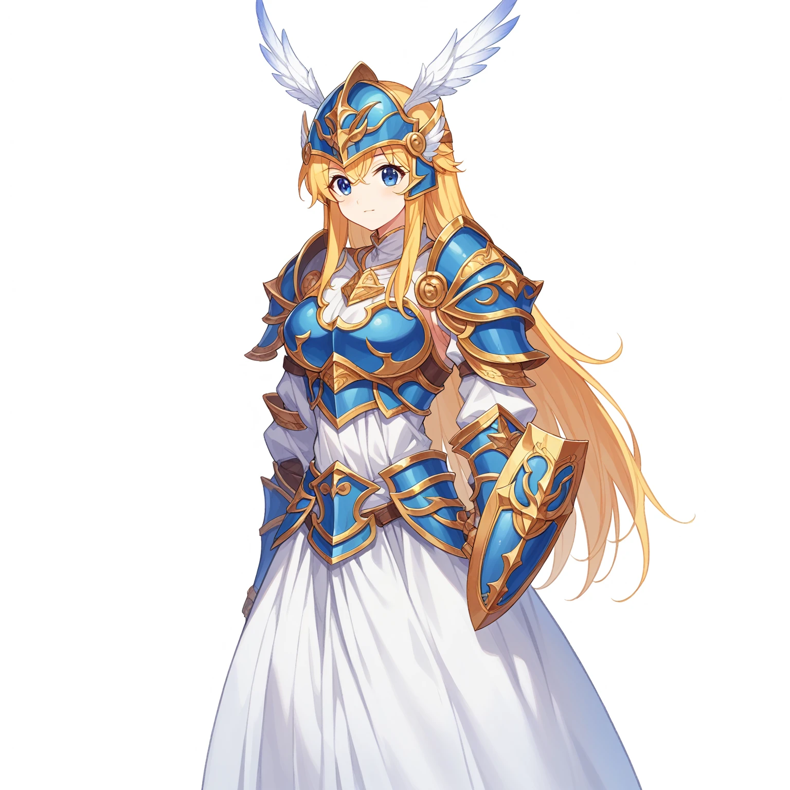 Highest quality, high resolution, High quality game art style, Valkyrie,Official Art, Smooth game CG art,Cute 3D anime girl render, Visual Novel Sprites, White background,Smooth game CG art, A woman wearing a white dress and blue armor, An intricately designed helmet with white feathers,Small shield, In his right hand he holds an elaborate long spear.,Intricate blue and gold armor,Golden Hair, long hair, female knight, Rin々Shii,Large Bust,17 years old,