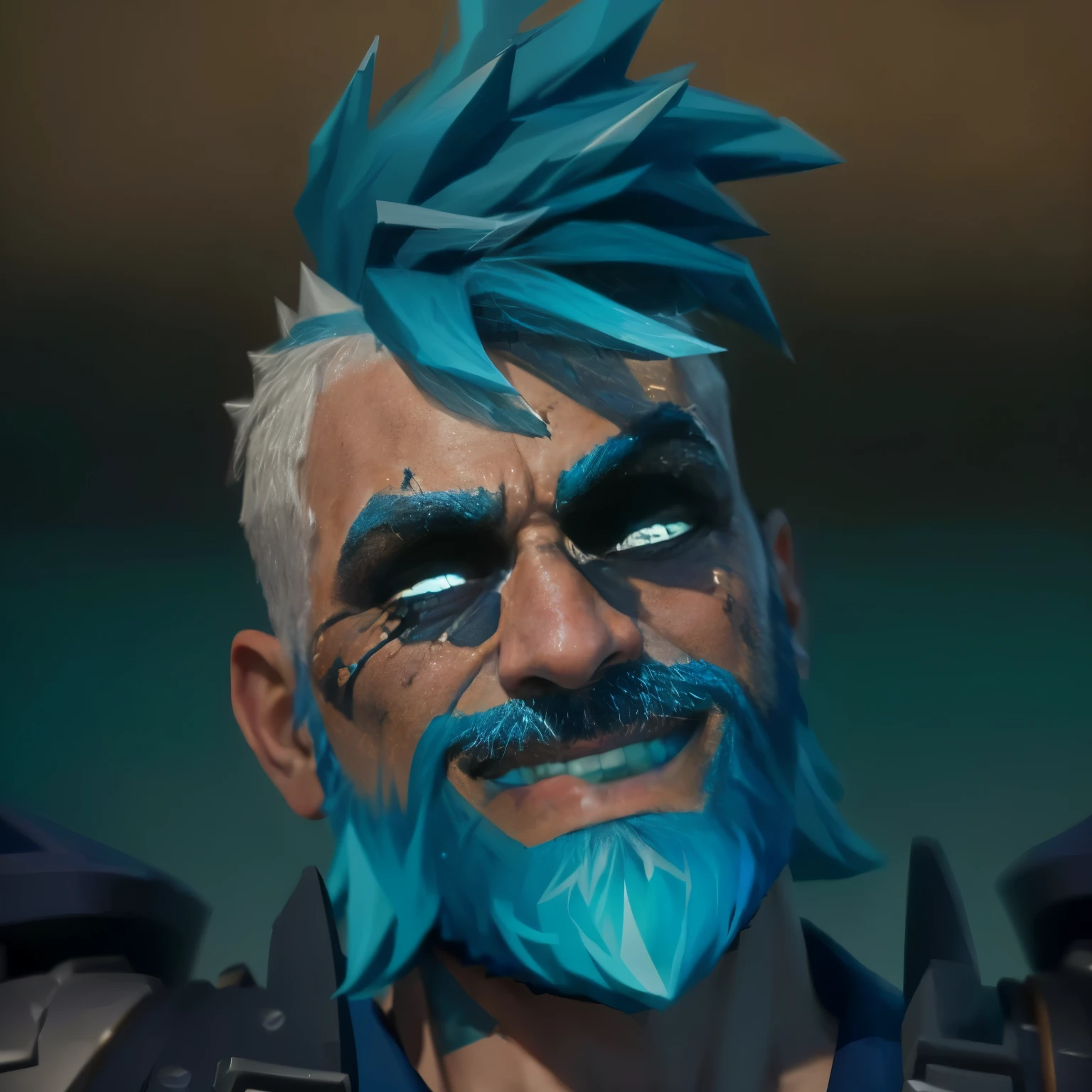 a closeup of a man with blue hair and a beard, fortnite character, as a fortnite character, icy blue skin, fortnite art style, In the Fortnite skin, Close-up character, fortnite skin, character close up, Fortnite screenshot, spiky skin, epic character portrait, fortnite game style realism, blue face unreal engine, sea of thieves style (best quality, 4k, 8k, High resolution, masterpiece: 1.2)