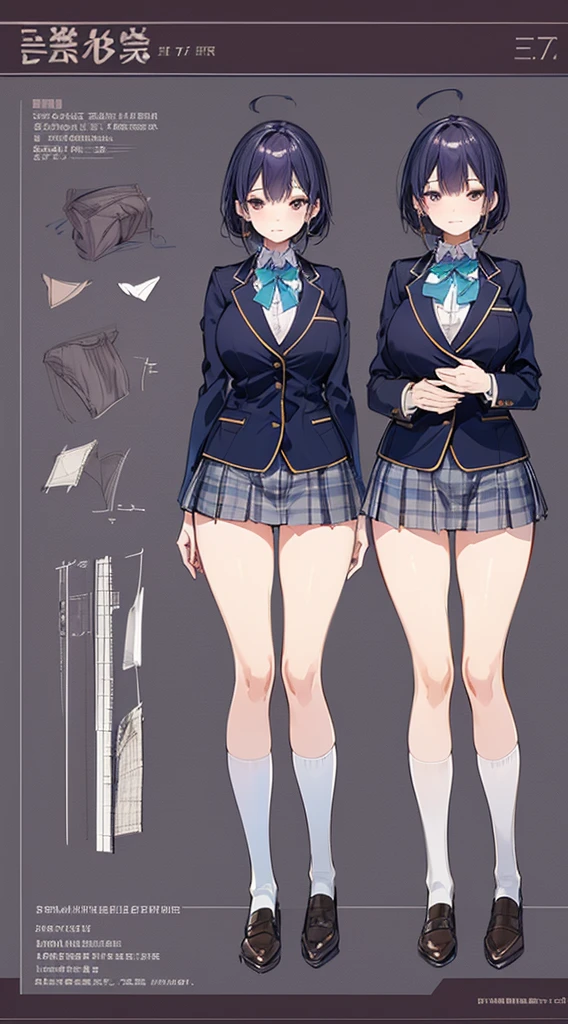 girl, alone, whole body, From head to toe, Are standing, (Huge_chest:1.3),
Character design sheet, Character Reference Sheet, 設計図のSchematic, Drafting, Blueprint, Schematic,
((Character design sheet:1.7, Character Reference Sheet:1.7,)),
anime/cartoon character wearing a girls , 1girl, alone, Thigh-high socks, blazer burezaa (blazer), Ahoge, Long Hair, bow, , shoes, loafers, ribbon, (Very short skirt:1.4), (panties:1.5),, (Good:1.7),(In underwear:1.8),nsfw,Full nudity、