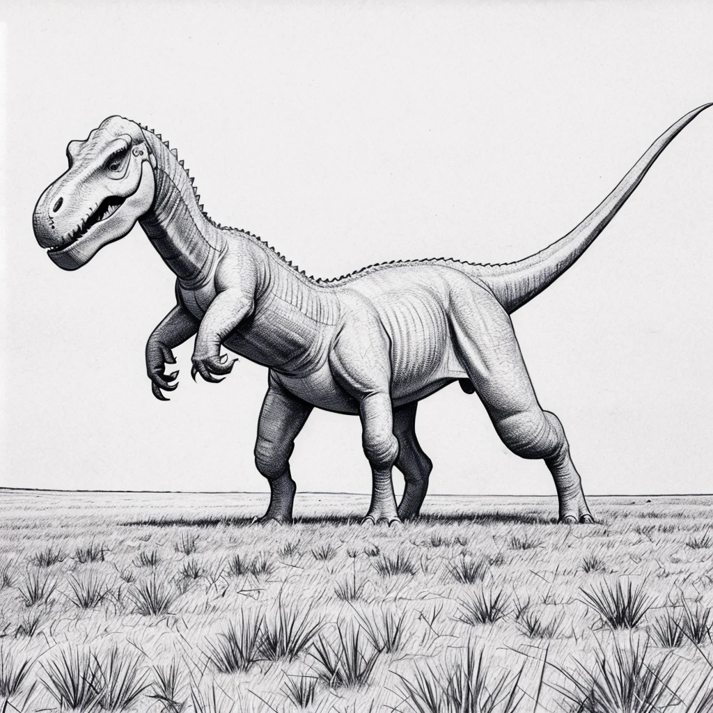 Drawling, simple drawling,dinosour,animated,white,no color,on a field,