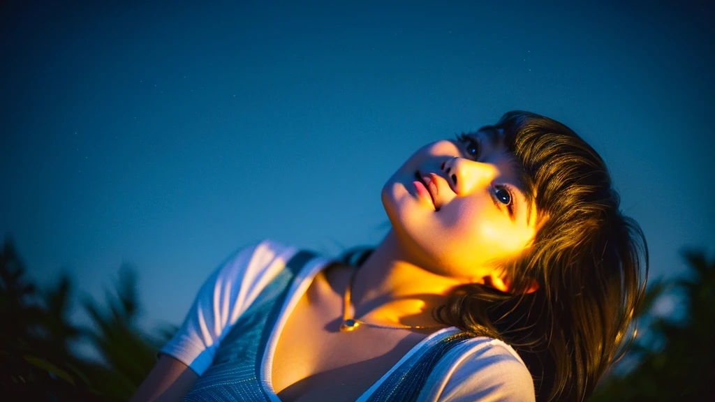 A very cute face like an idol、One 20-year-old woman with a youthful appearance、Gentle and cute、Cleavage、Beautiful starry sky、(Looking up at the night sky)、(((Textured skd, front lightindg, F/1.0mm, fujifilm G FUX50R, In Reg)))、((Dim lighting))、RAW Photos、Genuine、live-action、(Artistic Expression)、High resolution、masterpiece