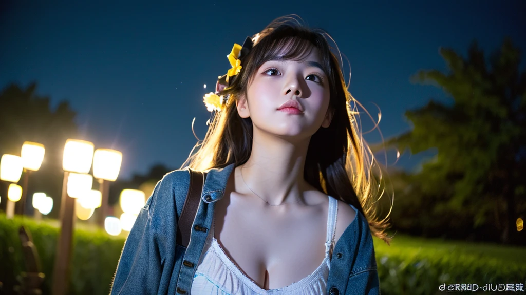 A very cute face like an idol、One 20-year-old woman with a youthful appearance、Gentle and cute、Cleavage、Beautiful starry sky、(Looking up at the night sky)、(((Textured skd, front lightindg, F/1.0mm, fujifilm G FUX50R, In Reg)))、((Dim lighting))、RAW Photos、Genuine、live-action、(Artistic Expression)、High resolution、masterpiece