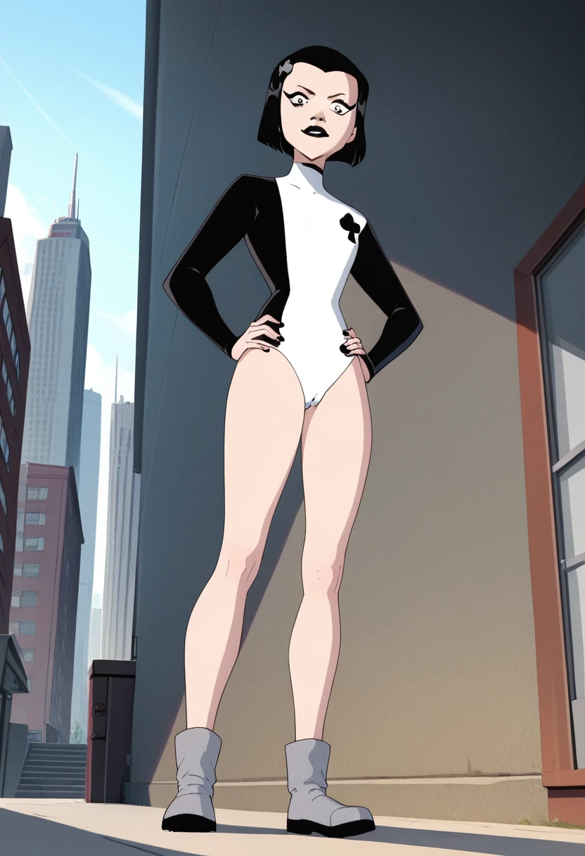 ace, 1girl, black hair, solo, white leotard, short hair, hairclip, black lipstick, long sleeves,full body, grey boots, bob cut,club \\(shape\\) upper body, cowboy shot,score_9, score_8_up, score_7_up, score_6_up, score_5_up, score_4_up city, cityscape, (cameltoe), standing, hands on hips, seen from below, looking at viewer