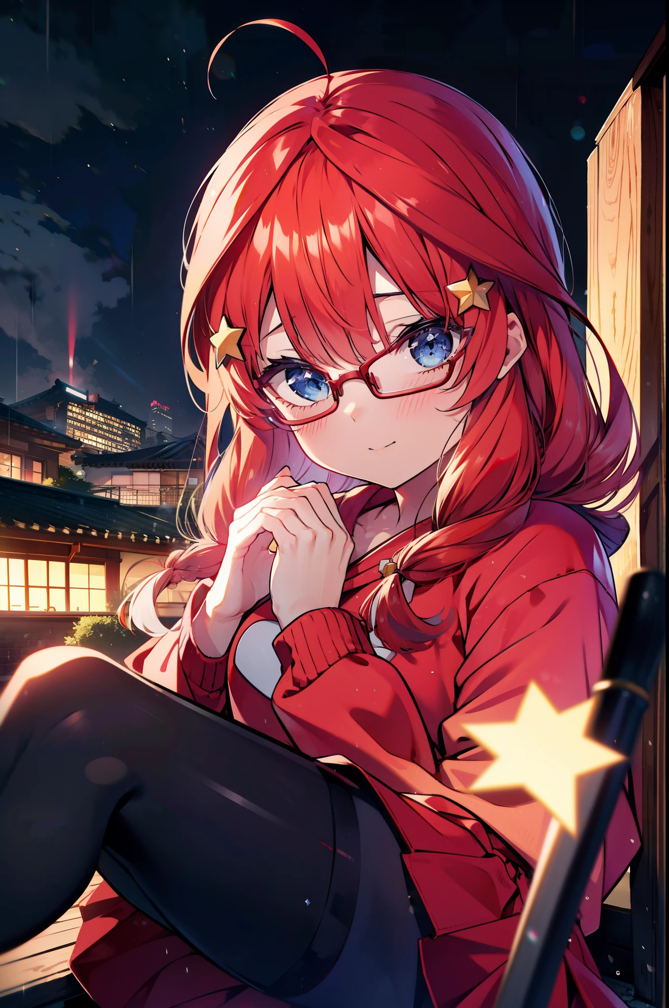 itsukinakano, itsuki nakano, bangs, blue eyes, Hair between the eyes, Ahoge, Redhead, star \(symbol\), hair ornaments, star hair ornaments,smile,blush,Long braids,Hunting Hat,Red-rimmed glasses,Oversized red hoodie and long skirt,Black pantyhose,short boots,Hiding in a roofed building,Sitting on the steps of a roofed building,rain,night,whole bodyがイラストに入るように,
break outdoors, Alley,
break looking at viewer, whole body,
break (masterpiece:1.2), Highest quality, High resolution, unity 8k wallpaper, (figure:0.8), (Beautiful attention to detail:1.6), Highly detailed face, Perfect lighting, Highly detailed CG, (Perfect hands, Perfect Anatomy),