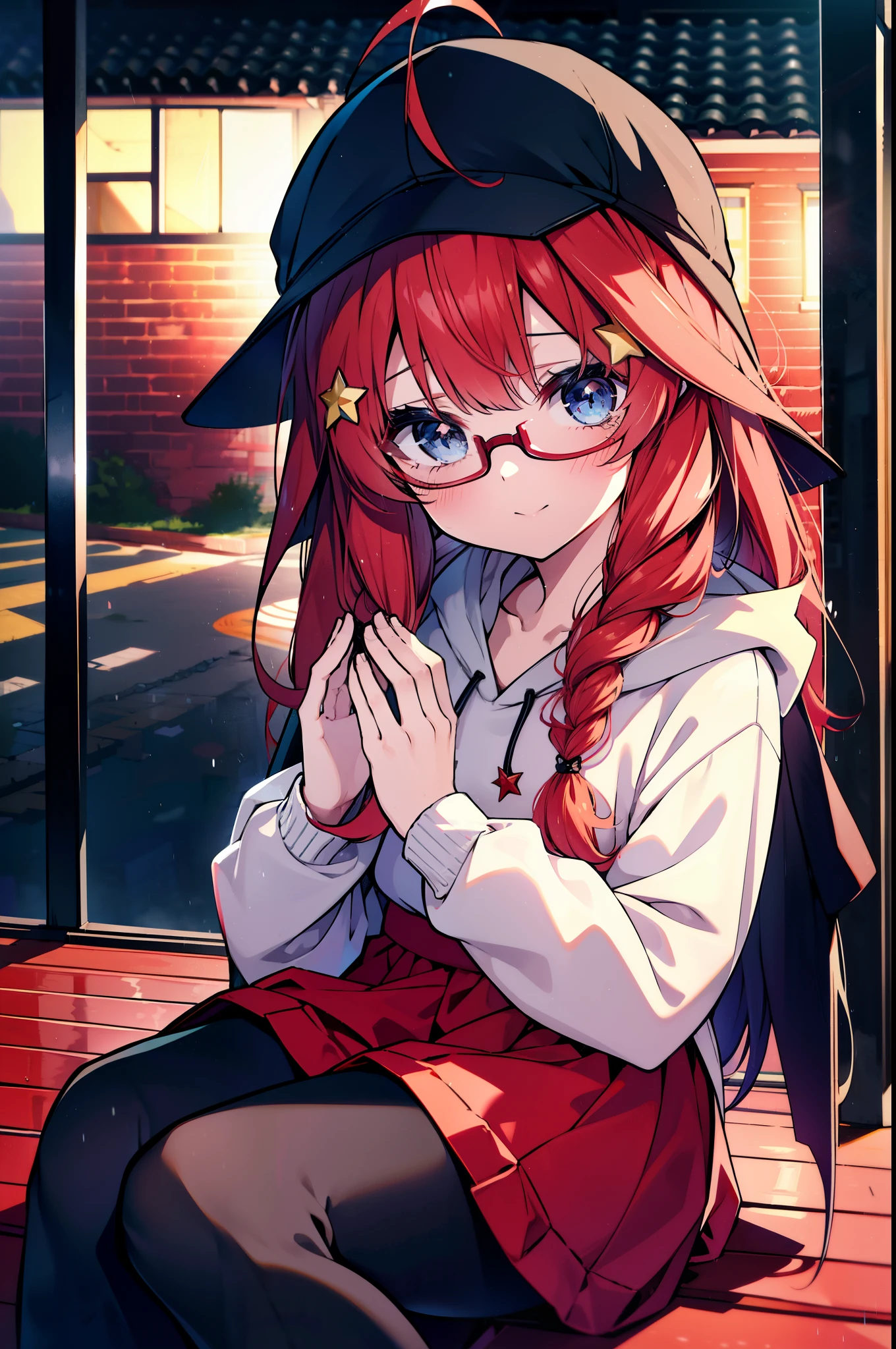 itsukinakano, itsuki nakano, bangs, blue eyes, Hair between the eyes, Ahoge, Redhead, star \(symbol\), hair ornaments, star hair ornaments,smile,blush,Long braids,Hunting Hat,Red-rimmed glasses,Oversized red hoodie and long skirt,Black pantyhose,short boots,Hiding in a roofed building,Sitting on the steps of a roofed building,rain,night,whole bodyがイラストに入るように,
break outdoors, Alley,
break looking at viewer, whole body,
break (masterpiece:1.2), Highest quality, High resolution, unity 8k wallpaper, (figure:0.8), (Beautiful attention to detail:1.6), Highly detailed face, Perfect lighting, Highly detailed CG, (Perfect hands, Perfect ???????),