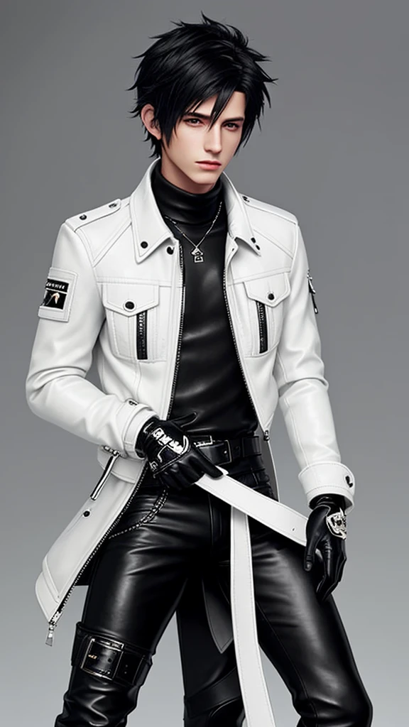 Final fantasy taste and reality graphics, Japanese young cute and cool ikemen  boy, his age is early 20s, thin eyebrows and beady eyes,  he wearing off white color leather  thick material jacket, jacket is singlebrest, biker style jacket, with epaulet, jacket is long sleeve, must close the front of the leather jacket, , voluminous leather jacket, ,must jacket is high length and stand-up collar with two belts, jacket is a little black color line pattern,close the front of the jacket, also wearing black thick material turtleneck lackluster shirts,  tight black leather pants,  black leather tight and thin glove, black leather knee-high raceup boots,must views  head-to-toe,must views whole body, boy looks like fashion model,Do not show skin from the neck down,leather jacket leather glove and leather pants have few wrinkles,boy in the prison room, Avoid showing your innerwear,zip up jacket fastner.
Boy touching owns private parts with right hand.
Bous face is expression of ecstasy.