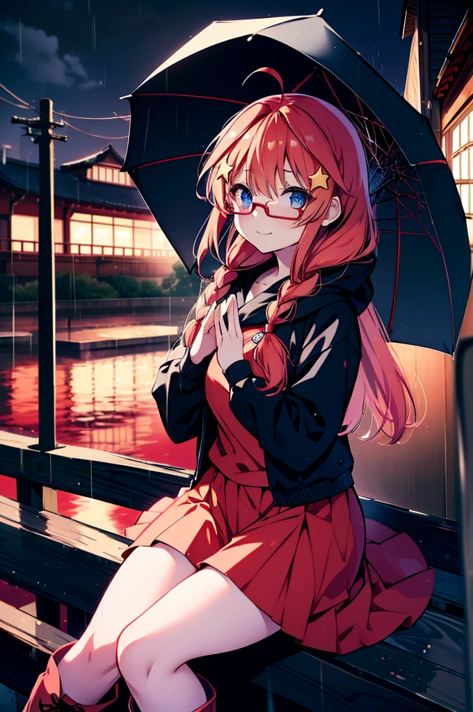 itsukinakano, itsuki nakano, bangs, blue eyes, Hair between the eyes, Ahoge, Redhead, star \(symbol\), hair ornaments, star hair ornaments,smile,blush,Long braids,Hunting Hat,Red-rimmed glasses,Oversized red hoodie and long skirt,Black pantyhose,short boots,Hiding in a roofed building,Sitting on the steps of a roofed building,rain,night,whole bodyがイラストに入るように,
break outdoors, Alley,
break looking at viewer, whole body,
break (masterpiece:1.2), Highest quality, High resolution, unity 8k wallpaper, (figure:0.8), (Beautiful attention to detail:1.6), Highly detailed face, Perfect lighting, Highly detailed CG, (Perfect hands, Perfect Anatomy),