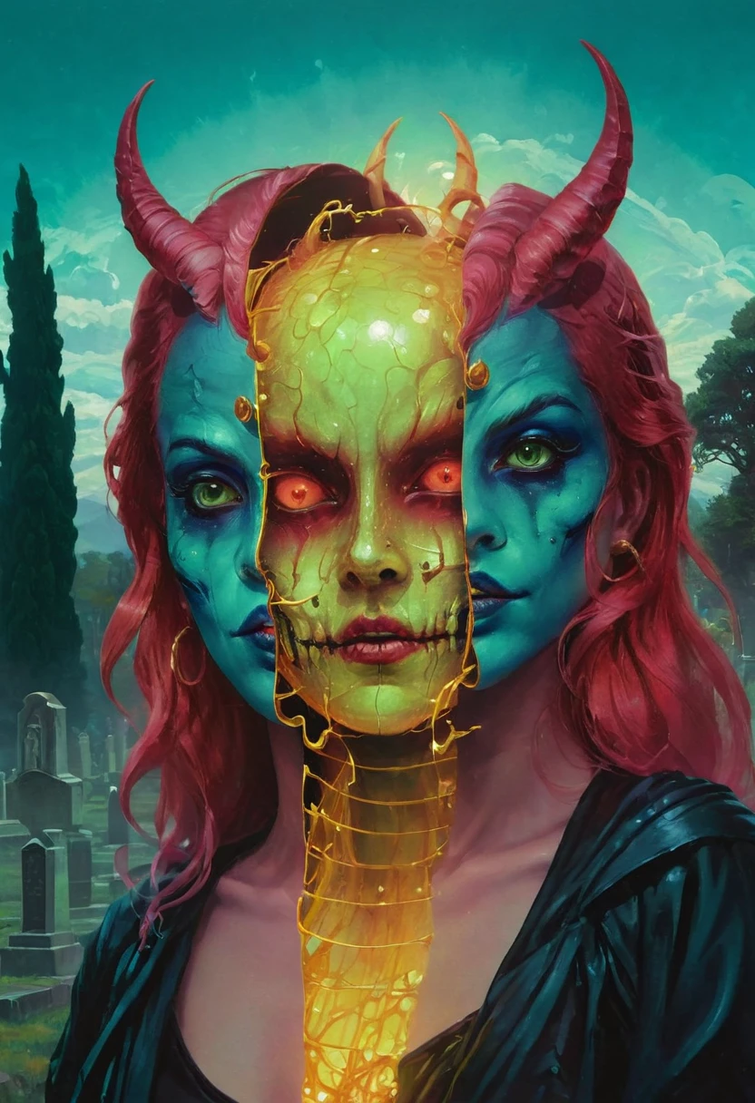 hyper realism, IR photo, light leaks, (split screen overlay , x-ray view:1.3), double exposure, (glitched image:1.2), a glitched out portrait of a red skin (demon girl) walking through a graveyard, succubus girl, vaporwave aesthetic, pixelation, sinusoidal distortions, screen tear, post modern deconstruction, molecular view, vibrational spiral signals, (rose garden overlay, split screen image:1.1), abstractions, experimental, anime rage, oniric portrait of a tall cloaked figure (with a glitched mask) and green clothing, vaporwave aesthetic, glitched body effect, Azem the Traveler, yearning to explore the ends of the world to discover its wonders and help its denizens, by Andy Kehoe, a gradient masterpiece, blue cyan yellow, Rococopunk, luminism, seamless, China ink, Ink Bubbles, alcohol ink elements, chiaroscuro, Shadow play, Gold leaf small lines, bright splashes of alcohol ink puddles, volumetric light, auras, rays of sunlight, bright colors reflect, isometric, digital art, 3d render, chromatic aberration, octane render, volumetrics, by greg rutkowski
