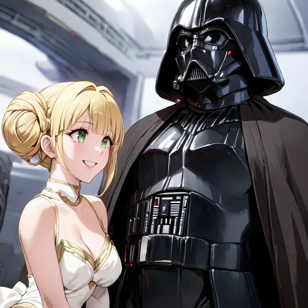 ((Highest quality)), ((masterpiece)), (detailed), （Perfect Face）、The woman is a Stormtrooper named Tiare, with green eyes, blonde medium-length hair, and a Princess Leia hairstyle. She is wearing a luxurious Princess Leia costume of black with gold embroidery and trim, and a luxurious black cloak.、The woman is standing next to Darth Vader and smiling sweetly at him.