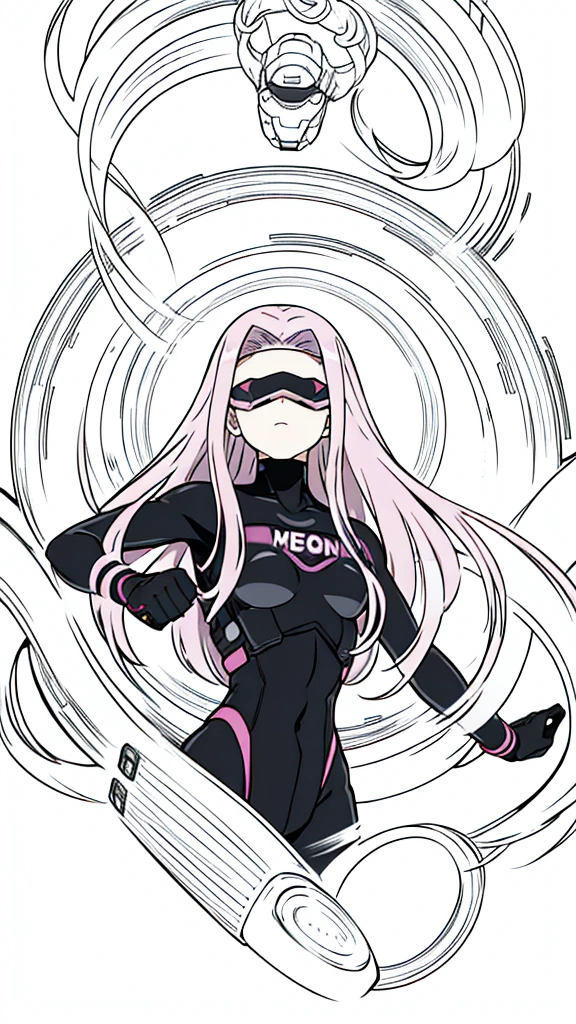 (1girl,20 years old,solo,adult),pink hair,long hair,(medusa hair),serious,((black bodysuit)),(white background,line drawing),head-mounted display,upper body