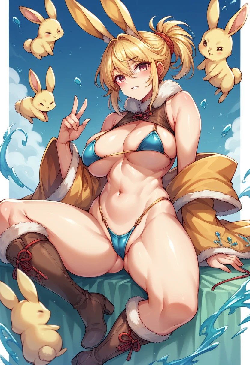 Alone rabbitfolk, fantasy race, large breasts, bard, blue micro bikini, blond hair, yellow rabbit ears, yellow rabbit tail, high boots