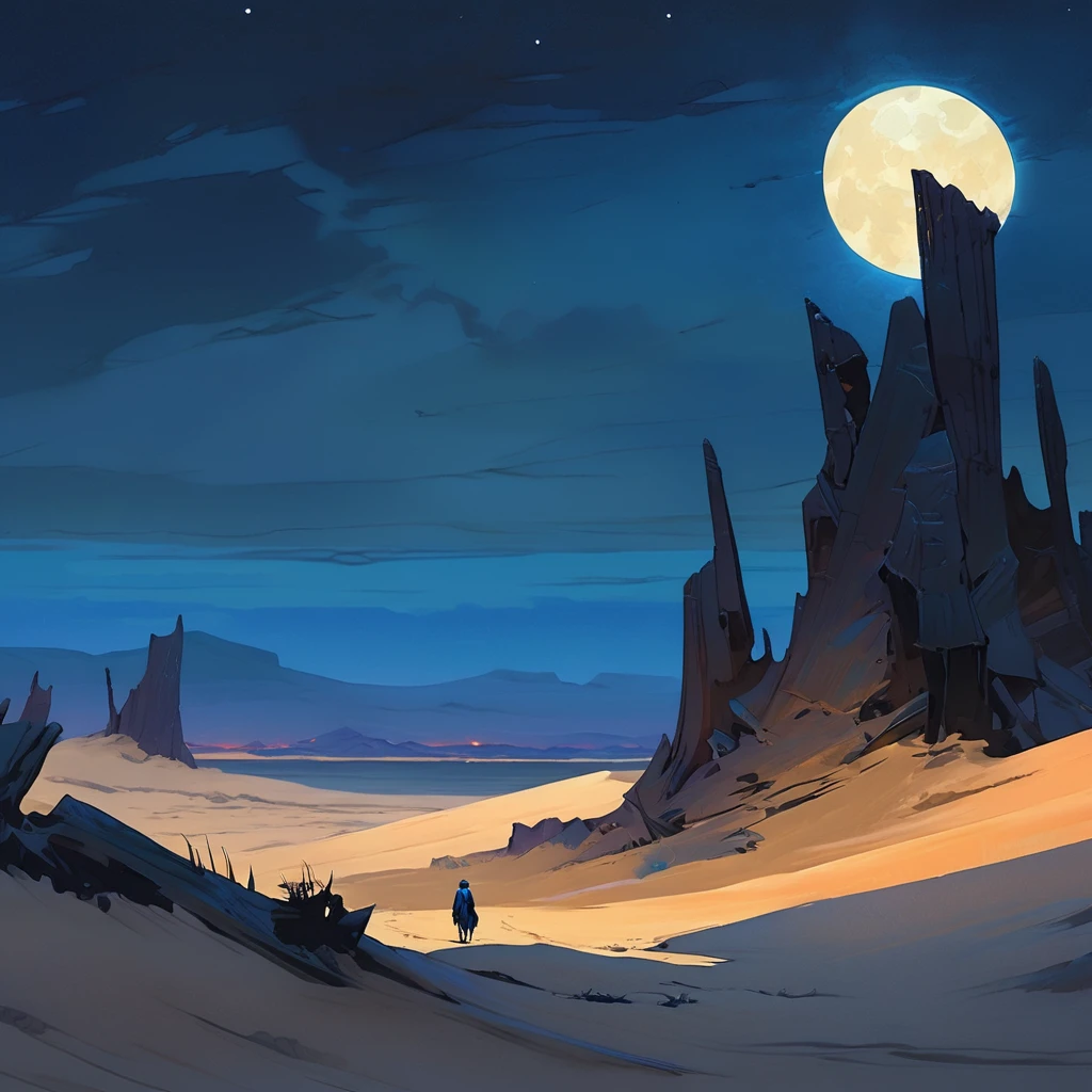Old West, Desert, horizon, blue Night , from far, Oil paint,(only blue and black color palette), Giant glass shards in sand, spiky glass structures, massive giant worm crawling in the dunes, sand dunes, dune, worm, darkness, Scary, moon, Too dark, dimly lit, pitch, human corpse, dark night, no light, Dark sky, black sky, dark night, deep darkness