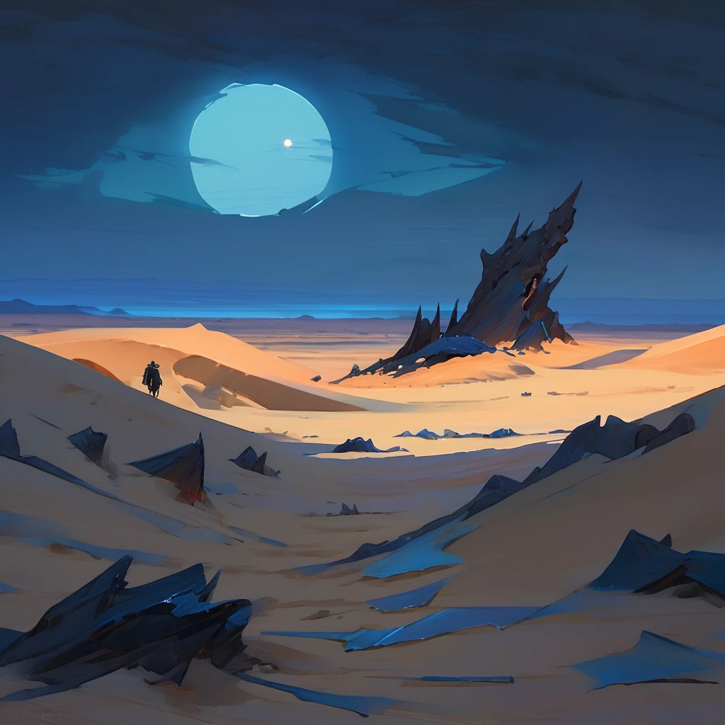 Old West, Desert, horizon, blue Night , from far, Oil paint,(only blue and black color palette), Giant glass shards in sand, spiky glass structures, massive giant worm crawling in the dunes, sand dunes, dune, worm, darkness, Scary, moon, Too dark, dimly lit, pitch, human corpse, dark night, no light, Dark sky, black sky, dark night, deep darkness