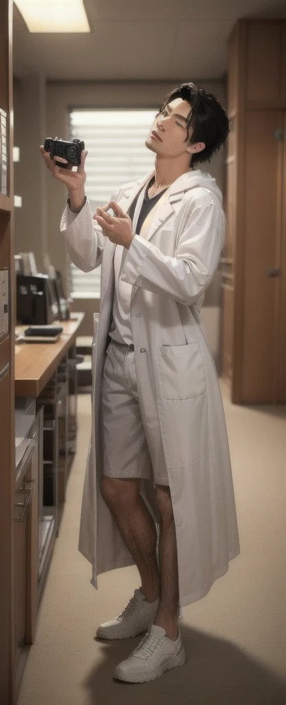 (photorealistic:1.2), (high detail face:1.3), (high detail hands:1.3), (anatomically correct hands:1.2), handsome young asian man, Japanese idol style, short clean-cut hair, ((center part)), white lab coat, black hoodie underneath, calm confident expression, hands in lab coat pockets, plain white background, portrait, high quality, detailed, 8K, (realistic skin texture:1.2), (sharp focus:1.1)