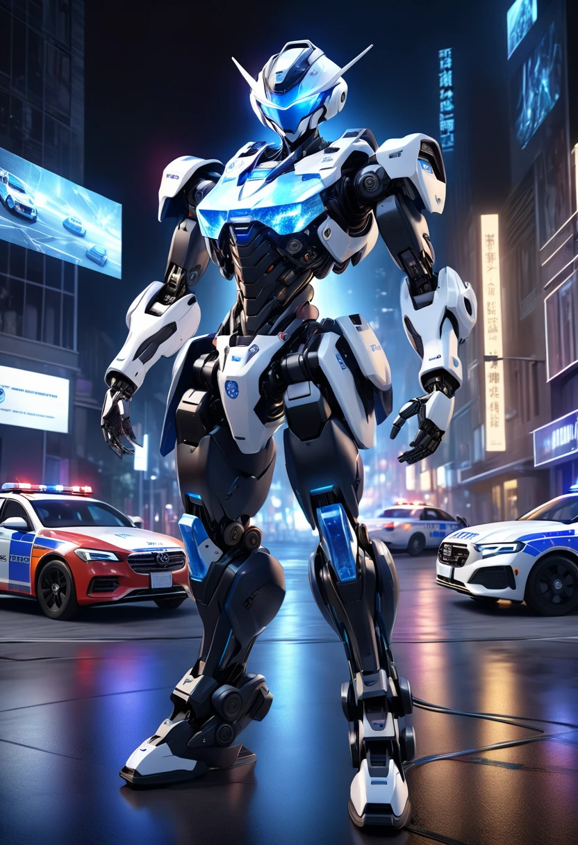 a humanoid police robot, mechanical full body, white with police colors, emotionless machine, optical camouflage via holographic effects, police cars in night crime scene background, tethered to cables, beautiful detailed mechanical body, powerful holographic effect, dramatic lighting, ultra-detailed, 4k, 8k, hyper-realistic, cinematic, professional photography, physically-based rendering, masterpiece、Android