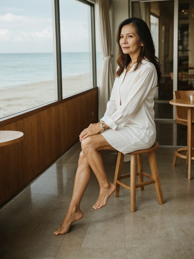 RAW PHOTO, her name is Dolores, high quality, 1 old woman, ((58-year-old slim filipina woman)), (((58 years old))), ((slim body)), ((wrinkled body)), (((old body))), (((long hair))), she is wearing a stylish modest Generation X flowy casual wear, POSE: sitting, BREAK, BACKGROUND: indoor, cafe by the beach, film grain, instagram photo