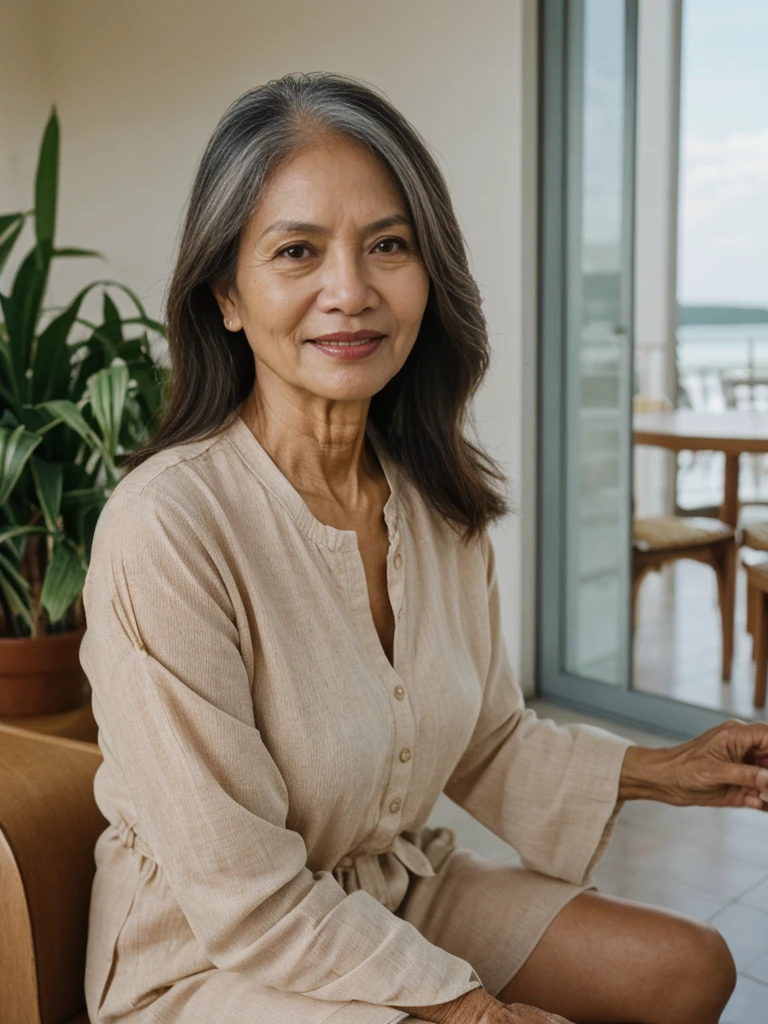 RAW PHOTO, her name is Dolores, high quality, 1 old woman, ((58-year-old slim filipina woman)), (((58 years old))), ((slim body)), ((wrinkled body)), (((old body))), (((long hair))), she is wearing a stylish modest Generation X flowy casual wear, POSE: sitting, BREAK, BACKGROUND: indoor, cafe by the beach, film grain, instagram photo