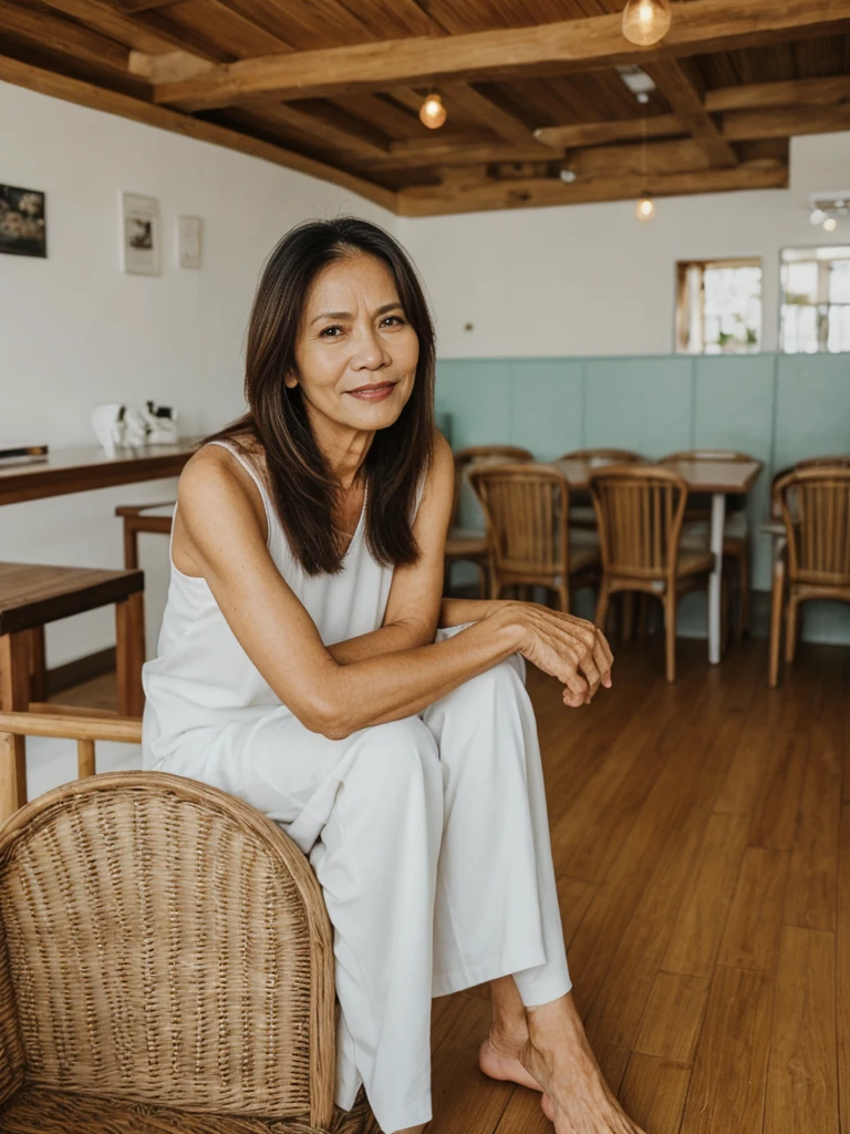 RAW PHOTO, her name is Dolores, high quality, 1 old woman, ((58-year-old slim filipina woman)), (((58 years old))), ((slim body)), ((wrinkled body)), (((old body))), (((long hair))), she is wearing a stylish modest Generation X flowy casual wear, POSE: sitting, BREAK, BACKGROUND: indoor, cafe by the beach, film grain, instagram photo