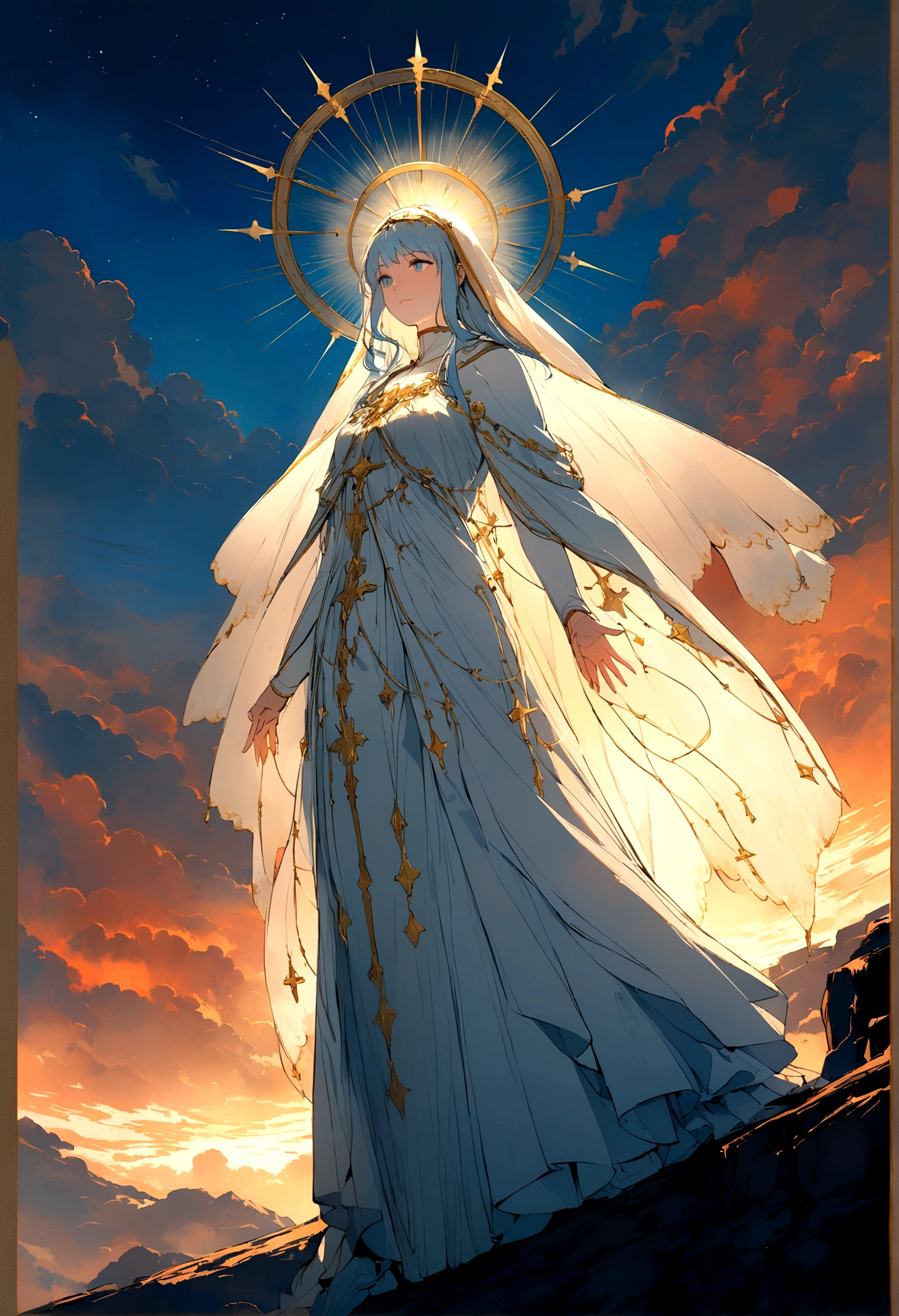 Apparition of Our Lady in Fátima, emphasizing the saint, with a serene and hopeful look, dressed in her white cloak adorned with golden details, standing on a cloud with an aura of radiant light around, background scenery with a clear blue sky, atmosphere of reverence, faith and miracles, illustration, digital art with detailed lines and vivid colors, --ar 16:9 --v 5