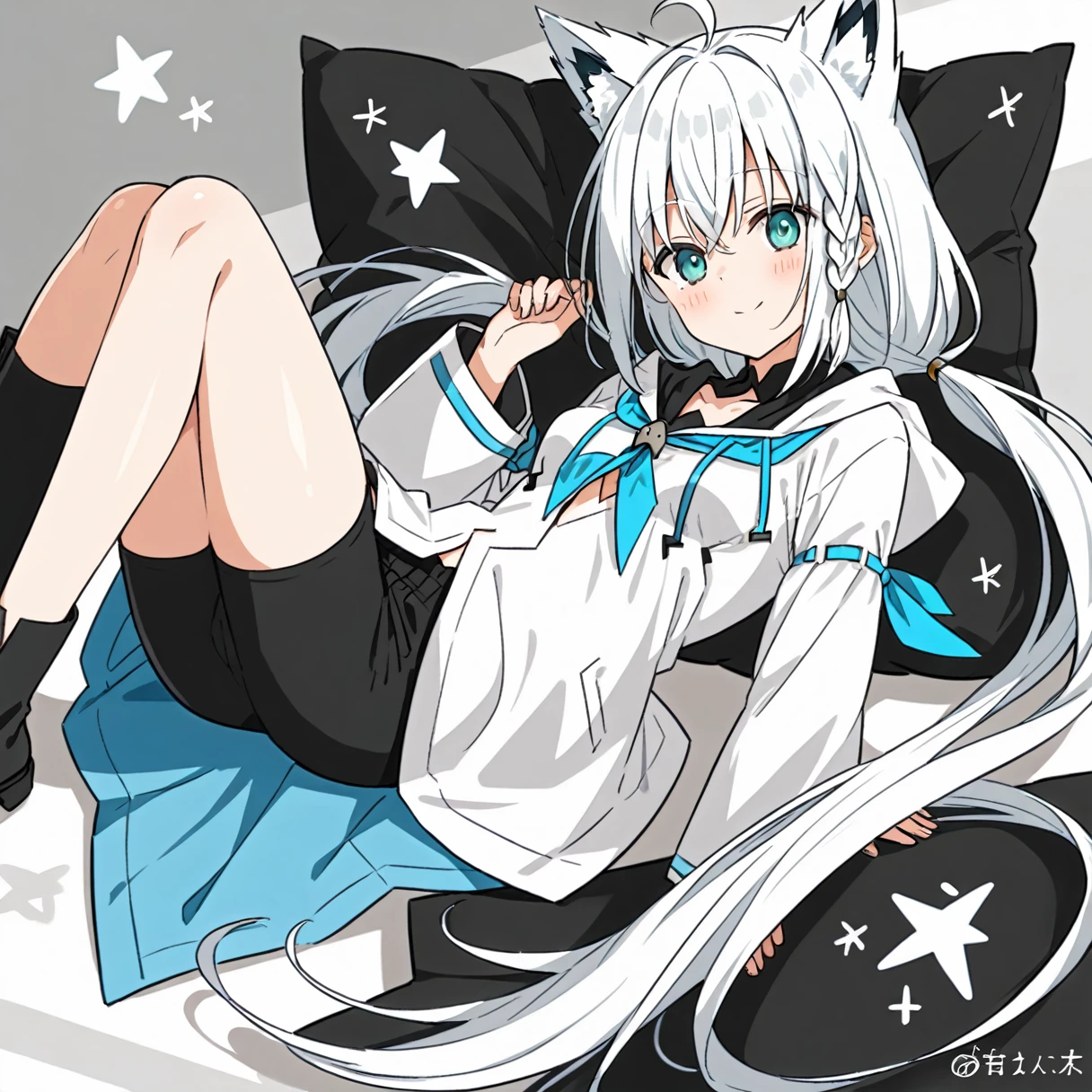 1girl, long white hair, blue eyes, wearing blue sweater, fox ears , absurdres, high res, ultrasharp, 8K, masterpiece, looking at viewer, light purple background, full body, floating, sleep