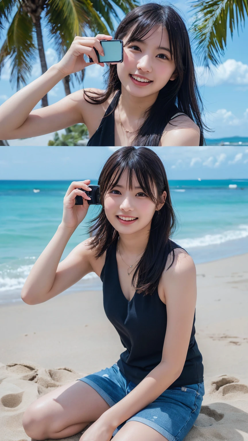 Two women taking a photo,Travel abroad,looking at the camera,smile,Beach,Clear skies,Great fun,Make noise,LOL,(Highest quality:1.4),(masterpiece:1.4),(Realistic:1.4),(Realistic:1.2),(超High resolution, RAW Photos:1.4),(High resolution, Super detailed:1.2),(8K:1.2)