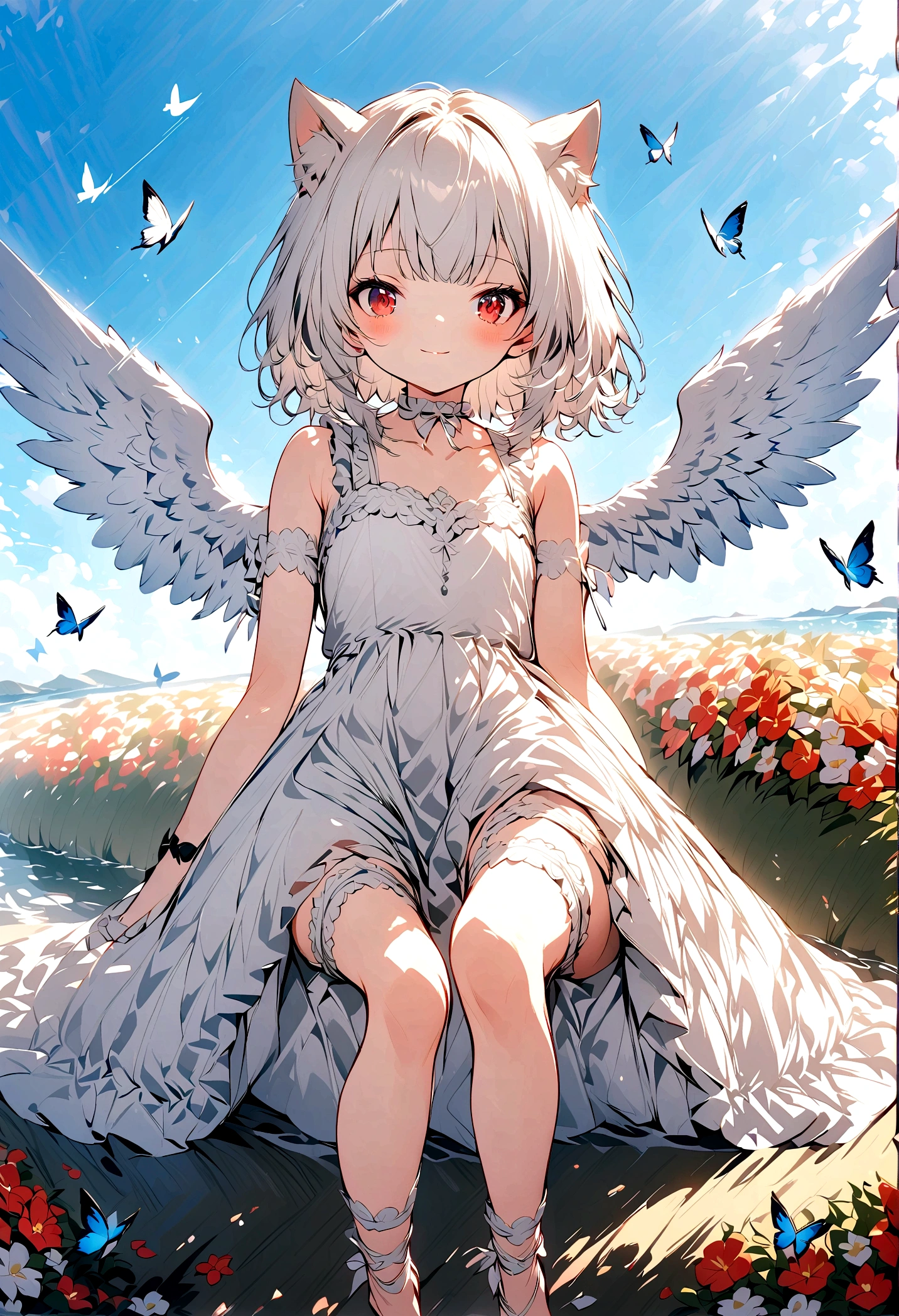 cute ****, cat girl, spread legs, white hair, white dress, red eyes, bare feet, bare legs, wings, angel, innocent, thigh strap, feathers, blue butterflies, thigh bands, elegant, flower wreath, frills, intricate details, detailed eyes, long eyelashes, delicate features, porcelain skin, soft lighting, dreamlike, fantasy, serene,heavenlike,halter dress,looking at viewer,bare_shoulders , frilled dress,collarbone,arm ribbon,garland for decoration,blue sky,(sea of flowers),ankle_lace-up,wristband,blush,chokerleg_garter