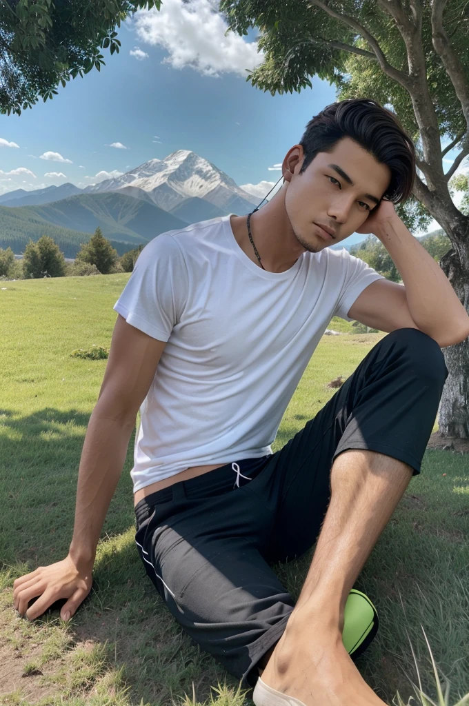 A young and a decent mountain listing music with the nothing cmf ear bud pro of orange color, sitting in the grass with a mountain view in his front, sitting over the grass under a mountain tree, wearing a white t-shirt and a black color full pant. By without showing his face.
