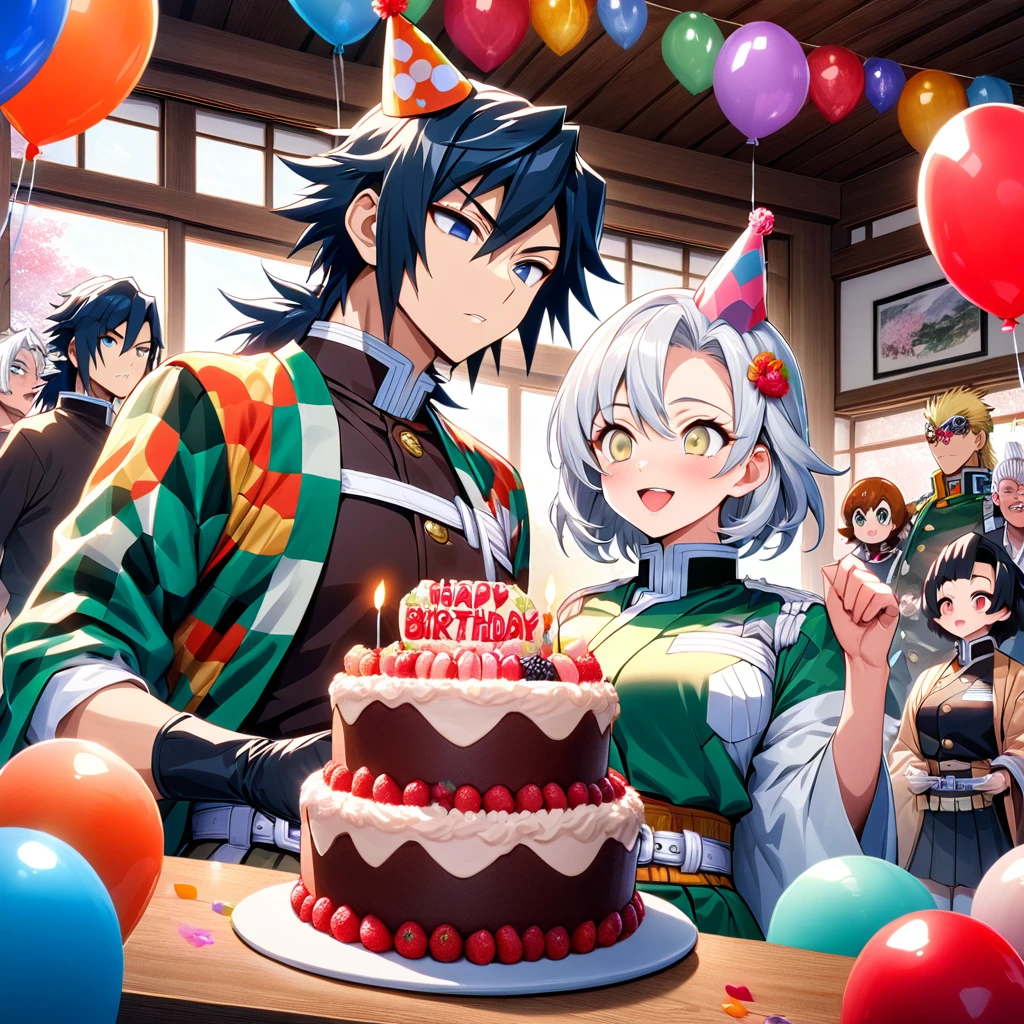 Ultra detailed, high resolution, absurd, HDR, masterpiece, anime man and woman, beautiful woman (with long white hair with deep red highlights, woman (with yellow eyes), haori, wearing anime uniform demon slayer corps, Kimetsu No Yaiba, the woman is holding a birthday cake, everyone is wearing a birthday hat, balloons on the ceiling, sweets, handsome Tomioka Giyu, Hashira, Sanemi Shinazugawa, Uzui Tengen, party, birthday hats, Japanese house, best quality, extremely detailed face, anime, it’s the birthday of the white hair woman, other girl with orange hair and eyes, blond guy
