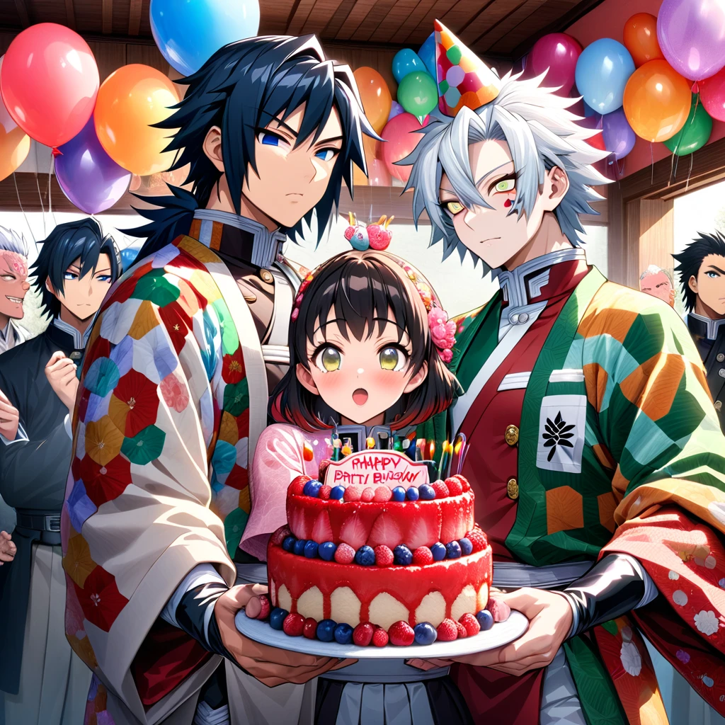 Ultra detailed, high resolution, absurd, HDR, masterpiece, anime man and woman, beautiful woman (with long white hair with deep red highlights, woman (with yellow eyes), haori, wearing anime uniform demon slayer corps, Kimetsu No Yaiba, the woman is holding a birthday cake, everyone is wearing a birthday hat, balloons on the ceiling, sweets, handsome Tomioka Giyu, Hashira, Sanemi Shinazugawa, Uzui Tengen, party, birthday hats, Japanese house, best quality, extremely detailed face, anime, it’s the birthday of the white hair woman, other girl with orange hair and eyes, blond guy