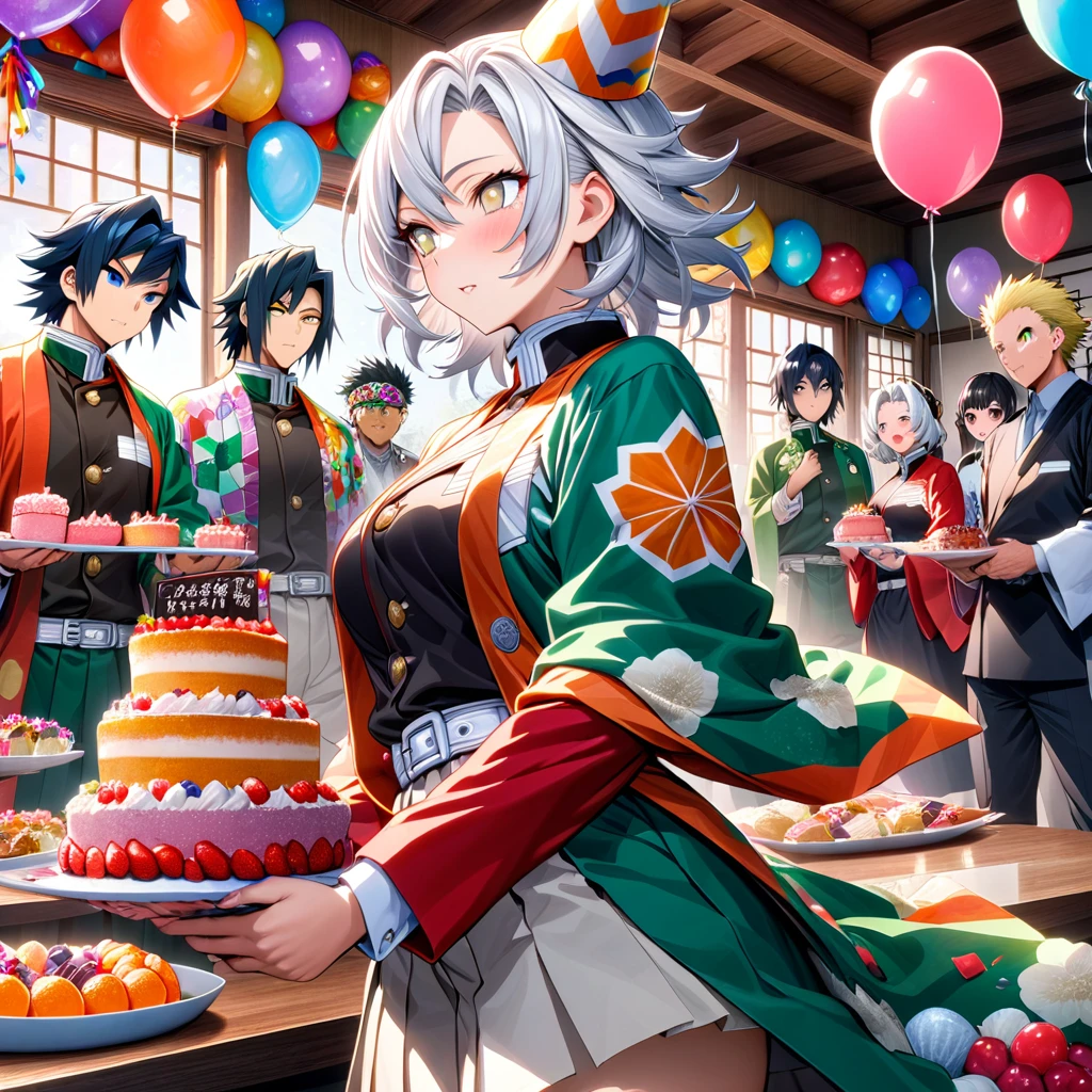 Ultra detailed, high resolution, absurd, HDR, masterpiece, anime man and woman, beautiful woman (with long white hair with deep red highlights, woman (with yellow eyes), haori, wearing anime uniform demon slayer corps, Kimetsu No Yaiba, the woman is holding a birthday cake, everyone is wearing a birthday hat, balloons on the ceiling, sweets, handsome Tomioka Giyu, Hashira, Sanemi Shinazugawa, Uzui Tengen, party, birthday hats, Japanese house, best quality, extremely detailed face, anime, it’s the birthday of the white hair woman, other girl with orange hair and eyes, blond guy 