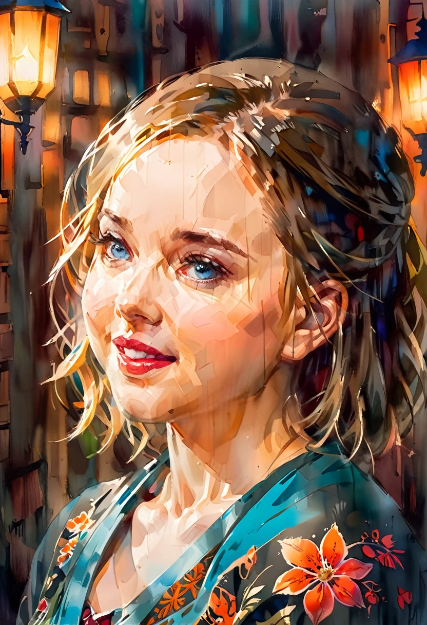 Create an illustrated, hand-drawn, full-color image of an 50 house wife. The artwork should be rendered in the style of "Breath of the Wild," featuring warm lighting and shadows. Include graphite shading, stencil marks, and airbrushed acrylic paint effects. The image should be of the highest quality, a masterpiece with intricate details. She should have luscious lips, a wide smile, and bright, expressive eyes, exuding beauty, cuteness, and adorableness. Ensure the image is high resolution and sharply detailed, with a detailed and vibrant background. Scarlett Johanson, Alison Brie, Dove Cameron Incorporate mystical lighting in the background, creating a romantic and enchanting atmosphere.