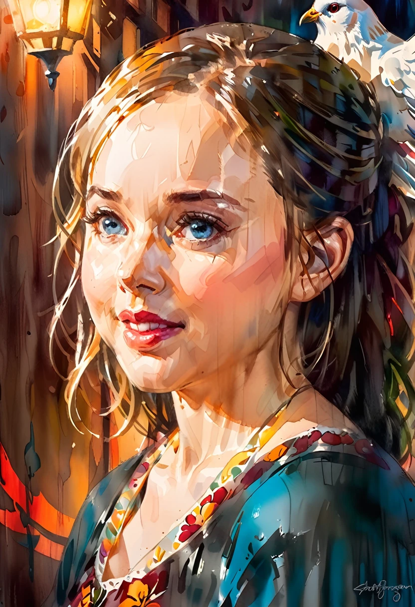 Create an illustrated, hand-drawn, full-color image of an 50 house wife. The artwork should be rendered in the style of "Breath of the Wild," featuring warm lighting and shadows. Include graphite shading, stencil marks, and airbrushed acrylic paint effects. The image should be of the highest quality, a masterpiece with intricate details. She should have luscious lips, a wide smile, and bright, expressive eyes, exuding beauty, cuteness, and adorableness. Ensure the image is high resolution and sharply detailed, with a detailed and vibrant background. Scarlett Johanson, Alison Brie, Dove Cameron Incorporate mystical lighting in the background, creating a romantic and enchanting atmosphere.