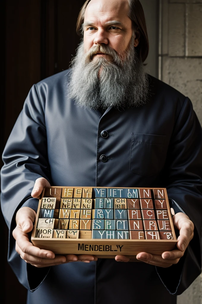 Mendeleev with the periodic table on the back