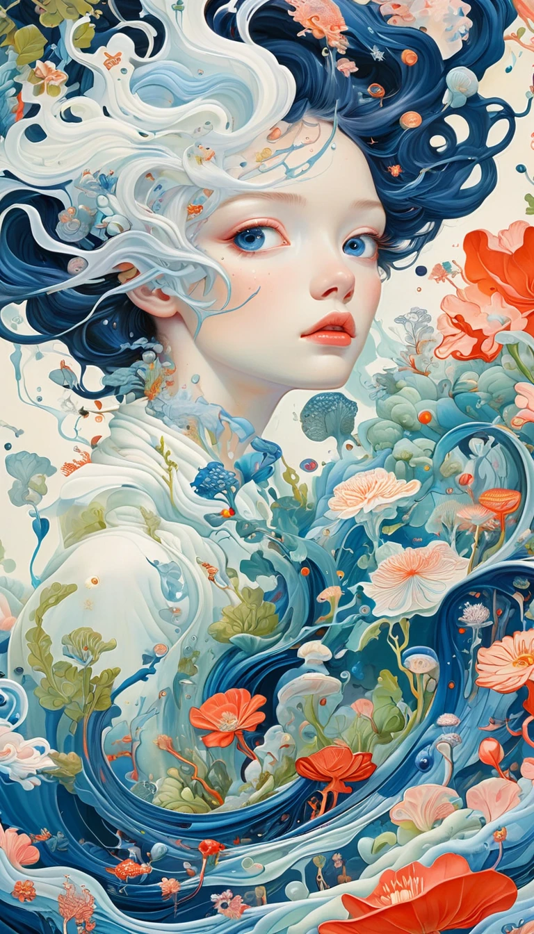 (((James Jean styles：1.5)))，microorganism、plant、Marine life、Exquisite eyes、Starry Sky，Stitching together an abstract painting，Describing the inner world of autistic people，3D spatial sense，White Space，interesting，Innocence，Psychedelic Art