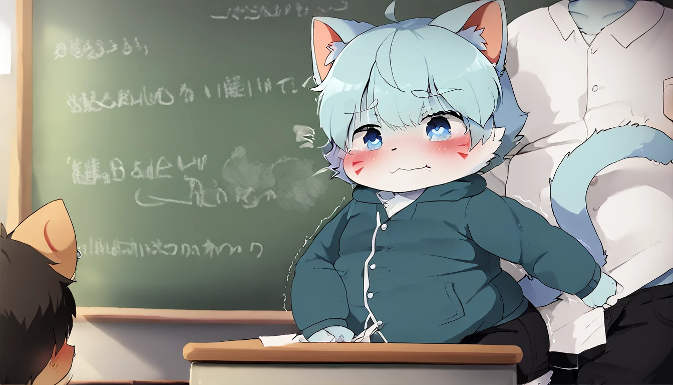 A male shota cat have body chubby with white fur with blue colour eyes wear student clothes, with body trembling and uncomfortable Satisfied face from got raped by a human in the school 