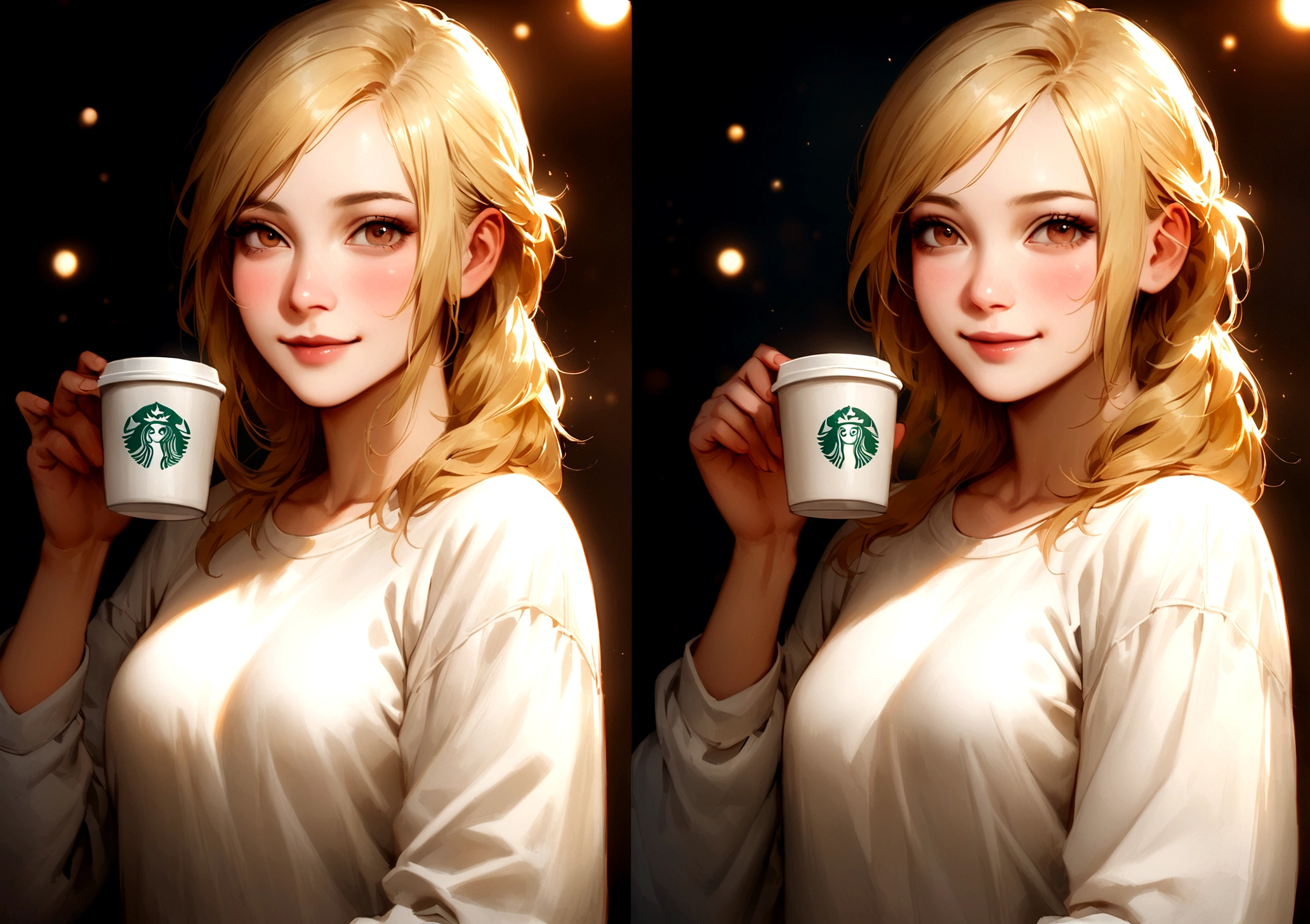 プロby全身写真, (4K Photos:1.1) by (Jeremy Lipking:0.3), (Anna Dittmann:0.3), (Ariane Mark:0.3), (Sharp focus:1.3), High detail, Holding a coffee cup and smiling, Blonde, Russia, Instagram model poses, have confidence, Healthy girl, Skinny girl, Medium chest:1.2, Perfect Anatomy, Perfect symmetry:1.2, Realistic, Realistic face:1.2, Perfect Face, Happy, have confidence, Very detailed, creates a dramatic, Cinema Lighting, Bright Scene, Soft Light, Instagram Stories, 9-, White sweatshirt.