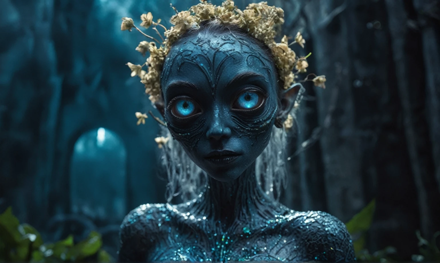 Magical plant ghost flower, ghost flower,carismatic，Incredible，terror ,extremely detailed,intricate details,big eyes extremely detailed, high detailed eyes,16k resolution, realistic humid skin,extremely intricate details,Epic Realistic,face anatomically correct,Ultra HD,HDR, natural skin textures, hyper realism,realistic skin texture, hyper detailed,extremely Realism,Ultra Detailed,body logically correct,full body length shot,beggar graphite Manganite sparas, wants eat,survival in criminal city of future,Cinematic,soft colors, Technicolor,natural skin textures, hyper realism, hyper detailed,Extremely detailed,High contrast,Masterpiece,Realistic,Ultra Detailed, intricate details,realistic humid leather,extremly intricate,Epic Realistic, cinematic style,irina yermolova,high contrast,hdr,extremely detailed, [deep night landscape],masterpiece,intricate details,faded,eyes extremely detailed, high detailed eyes,16k resolution,RAW,retina, Nikon Z9,Songbird,orc,Guangxi Zhuang of China,tkt style, Pisces,perfect, ginger，transition between two art styles, Ink painting to photorealism, Double contact, X-ray, Creative, vivid light, masterpiece, fantasy, Abstract, Surrealism, super detailed, high resolution, stop:35,(((creature with a spectral and ghostly appearance)). Her skin is pale, almost translucent.wears dark, torn clothes that float around him, as if permeated by an aura of mourning. Its appearance is complemented by details such symbols of gothic elements, further emphasizing its dark air. is haunted and tormented entity,pixar movie still,Silver-gold long hair with bangs、Aquamarine Eyes,matte silver sequined dress,Mestichino,Light particles,chaos