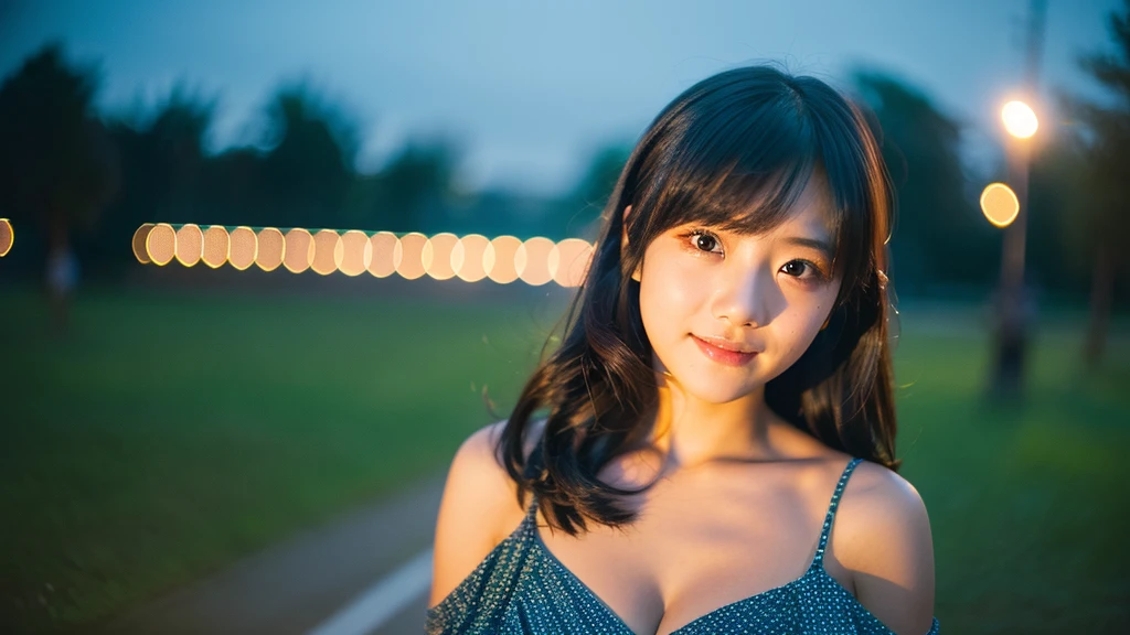 A very cute face like an idol、One 20-year-old woman with a youthful appearance、Gentle and cute、(Cleavage)、(Beautiful starry sky)、(((Textured skd, front lightindg, F/1.0mm, fujifilm G FUX50R, In Reg)))、((Dim lighting))、RAW Photos、Genuine、live-action、(Artistic Expression)、High resolution、masterpiece