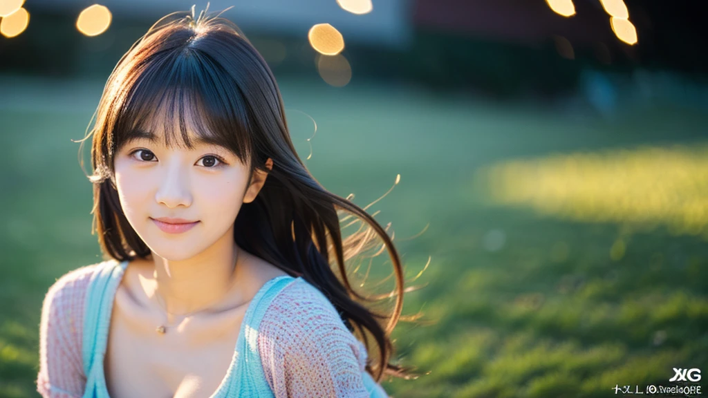 A very cute face like an idol、One 20-year-old woman with a youthful appearance、Gentle and cute、(Cleavage)、(Beautiful starry sky)、(((Textured skd, front lightindg, F/1.0mm, fujifilm G FUX50R, In Reg)))、((Dim lighting))、RAW Photos、Genuine、live-action、(Artistic Expression)、High resolution、masterpiece
