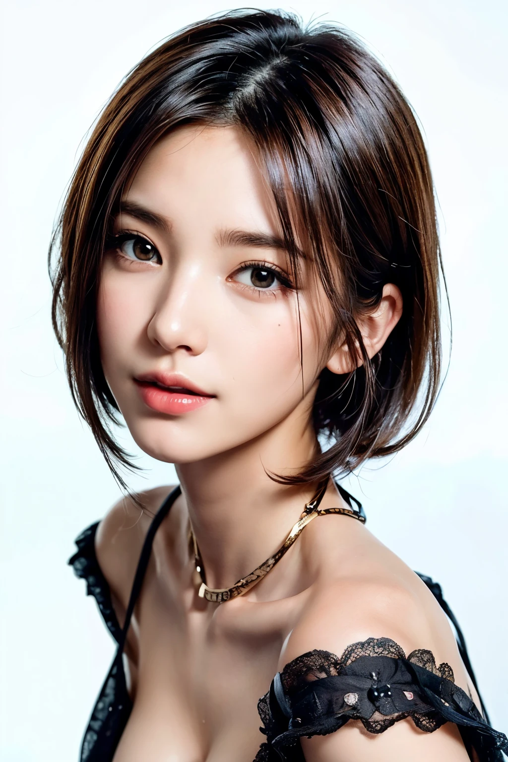 ((masterpiece, Highest quality, High resolution)), One Girl, (Realistic: 1.4), alone, White Background, snow-White Background, ((From above, A little above, look up at the viewer, look up, look up at the camera, Looking into the camera)), Mouth closed, Smile, Smile, Smile, Beautiful black hair, short hair, Big eyes, Transparent double eyelids, eyelash, Listen carefully, Long neck, Long neck, Absolute area, (Draw the whole head, shoulder), 19 years old, Attractive proportions, Shiny skin, Beautiful collarbone, Golden ratio face, Perfect Face, Tearful mole, Mole on chest, bangs, clean bangs:2, Lip gloss, Thin lips, Fair skin, naked, Big Breasts, Small face, Small face, Draw the whole head, draw all shoulder,
