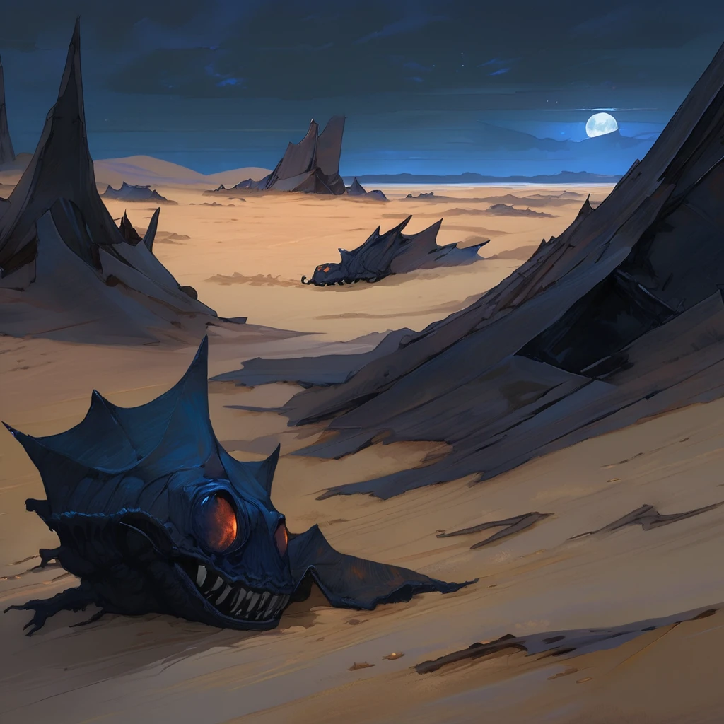 Old West, dark Desert, dark horizon, deep Night , from far, Oil paint,(only dark blue and black color palette), Giant glass shards in sand, spiky glass structures, massive giant worm crawling in the dunes, dark blue sand dunes, dark dune, worm, darkness, Scary, moon, Too dark, dimly lit, pitch, corpse, dark night, no light, Dark sky, black sky, dark night, deep darkness