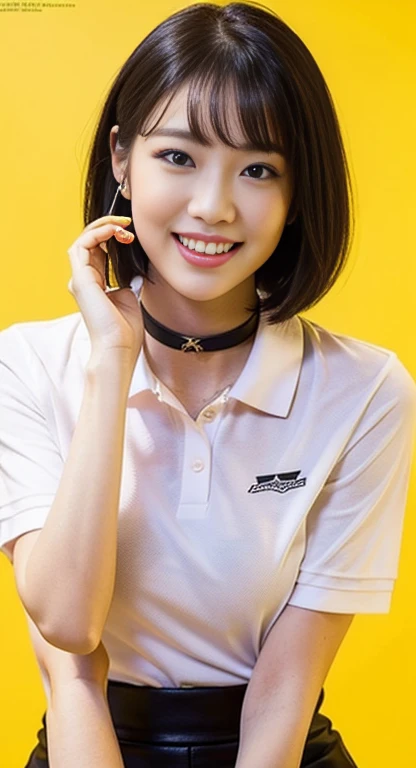 (A Gorgeous American-Chinese Lady, age 25, Tight Thin White Polo-Shirt & Pink Pencil Skirt, BlackPink Choker, sexy pose, dimpled smile, short_bob_hair_side_bangs, cute snaggletooth, well-endowed round bosom, photorealistic, beautiful detailed eyes, hyper-realism, high contrast, ultra HD, realistic skin textures, top image quality, top-quality, super high resolution, fine details, very meticulously, head_to_knees, High_Angle_Shot, simple yellow background)