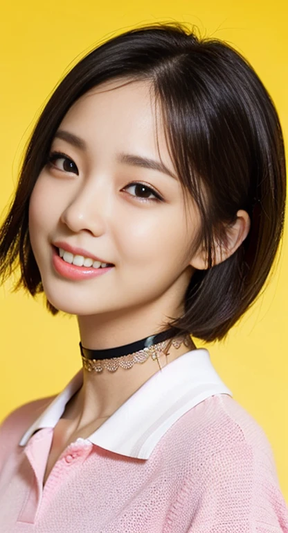 (A Gorgeous American-Chinese Lady, age 25, Tight Thin White Polo-Shirt & Pink Pencil Skirt, BlackPink Choker, sexy pose, dimpled smile, short_bob_hair_side_bangs, cute snaggletooth, well-endowed round bosom, photorealistic, beautiful detailed eyes, hyper-realism, high contrast, ultra HD, realistic skin textures, top image quality, top-quality, super high resolution, fine details, very meticulously, head_to_knees, High_Angle_Shot, simple yellow background)