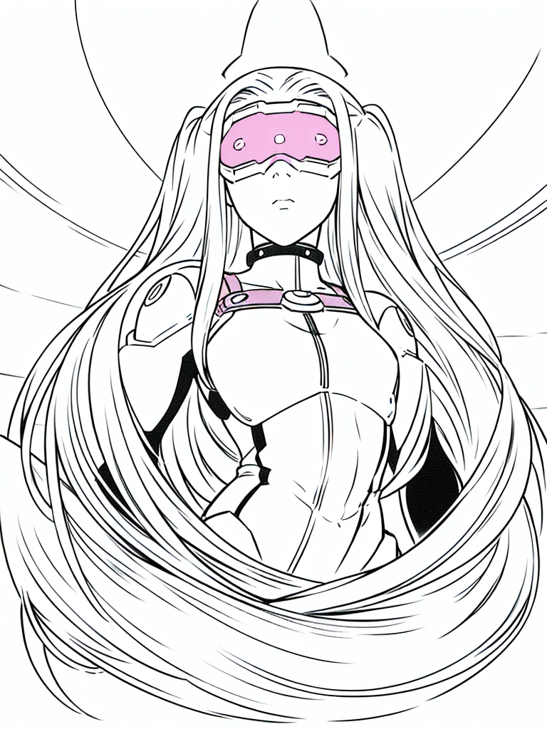 (1girl,20 years old,solo,adult),pink hair,long hair,(medusa hair),serious,((black bodysuit)),(white background,line drawing),head-mounted display,portrait