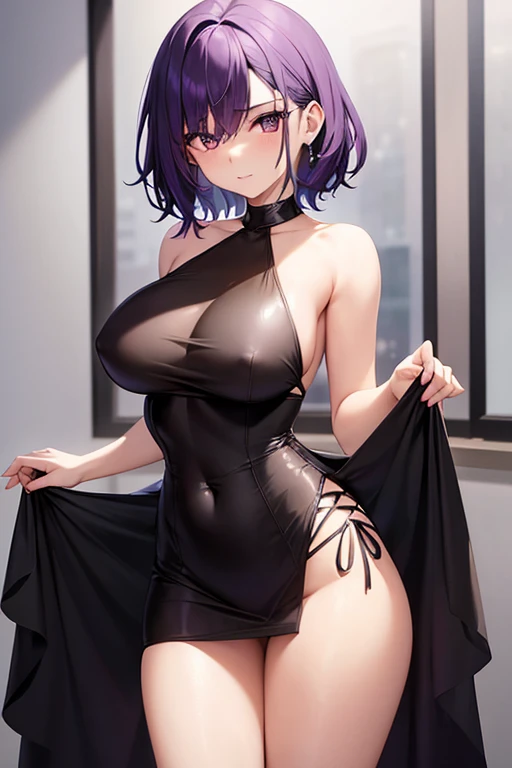 young woman, short shoulder length purple hair, with a tight black dress, with a great neckline, The dress is raised to the navel, revealing her underwear., the neckline only covers extremely little of her skin, vercion anime, great attributes, the neckline only covers her nipples