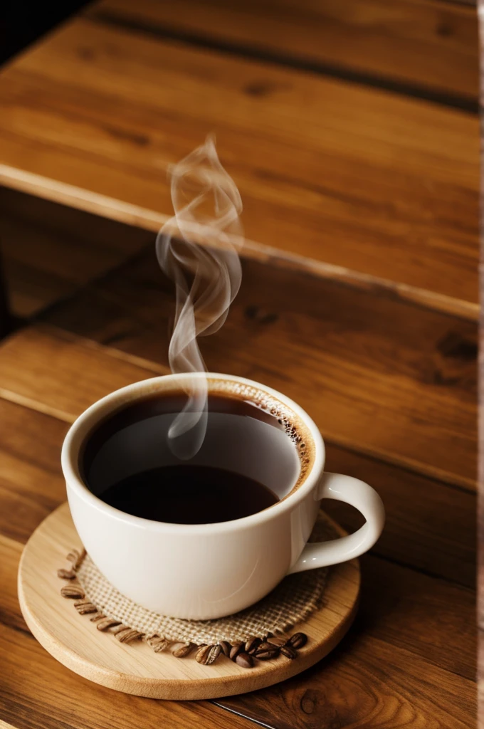 A cup of steaming coffee with drawn eyes, wooden arms and legs, and a sleepy expression. The cup is holding a small sign