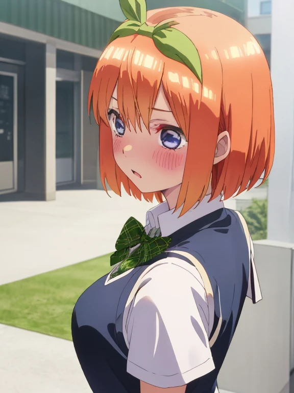 best quality, insanely detailed,yotsuba nakano, breasts, blush, back style, look into the distance, school background, sweater vest, white shirt, bowtie, short sleeves