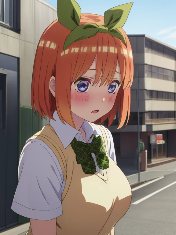 best quality, insanely detailed,yotsuba nakano, breasts, blush, back style, look into the distance, school background, sweater vest, white shirt, bowtie, short sleeves