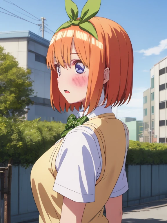 best quality, insanely detailed,yotsuba nakano, breasts, blush, back style, look into the distance, school background, sweater vest, white shirt, bowtie, short sleeves